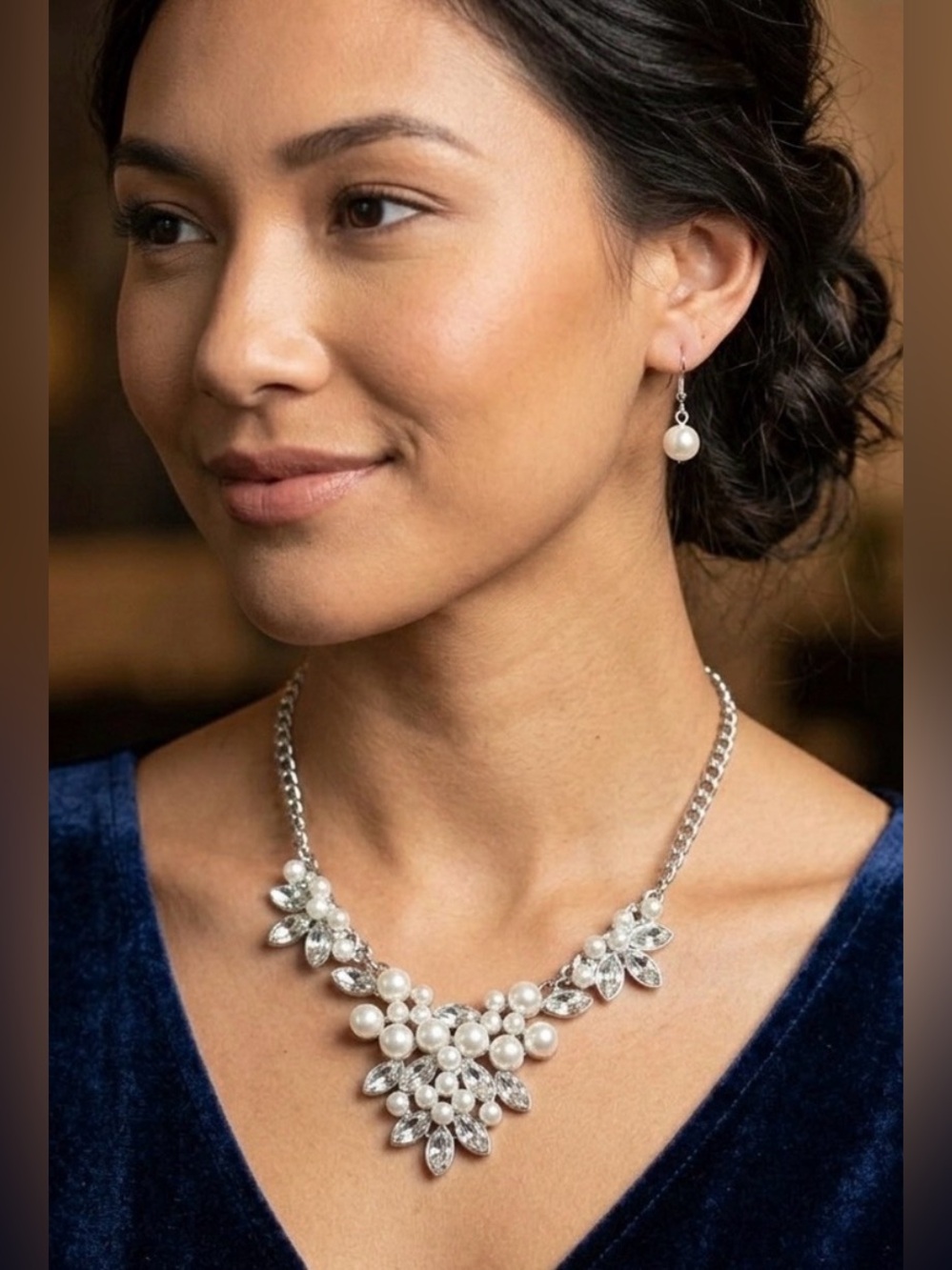 Paparazzi Silver Floral Pearl Rhinestone Statement Necklace Earring Set